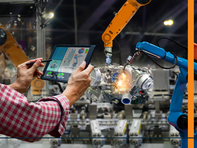 mens en robot werken samen in fabriek